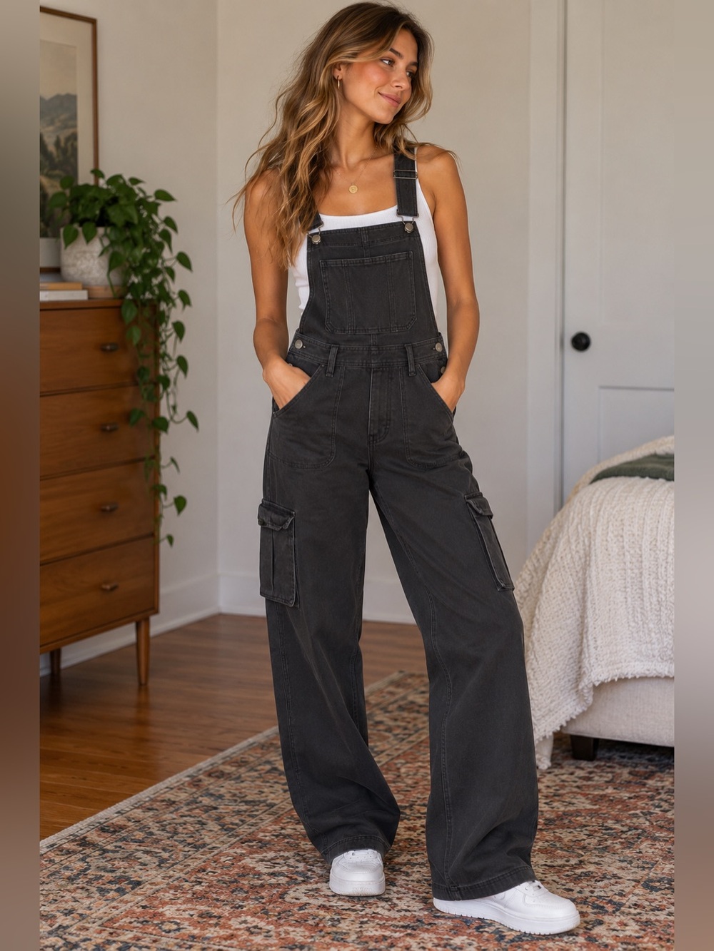 Aerie Charcoal Cargo Utility Overalls Women’s Small Wide Leg